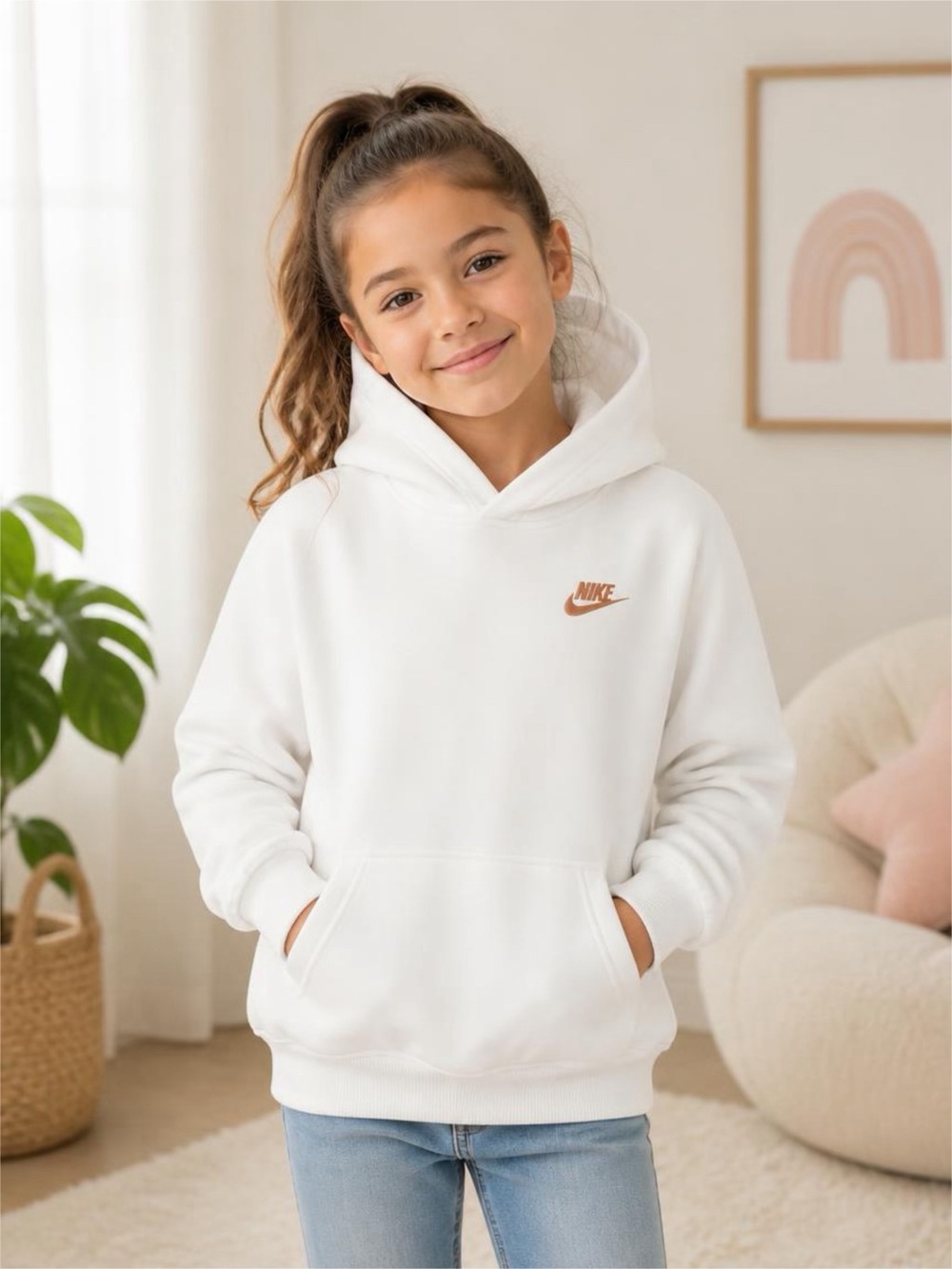 Nike White Girls' Hoodie with Copper Swoosh - Kids Pullover